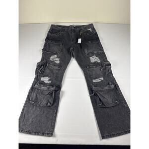 Vicious Cargo Jeans Mens Size 40 Black Distressed Baggy Denim Pants VC751 NWT